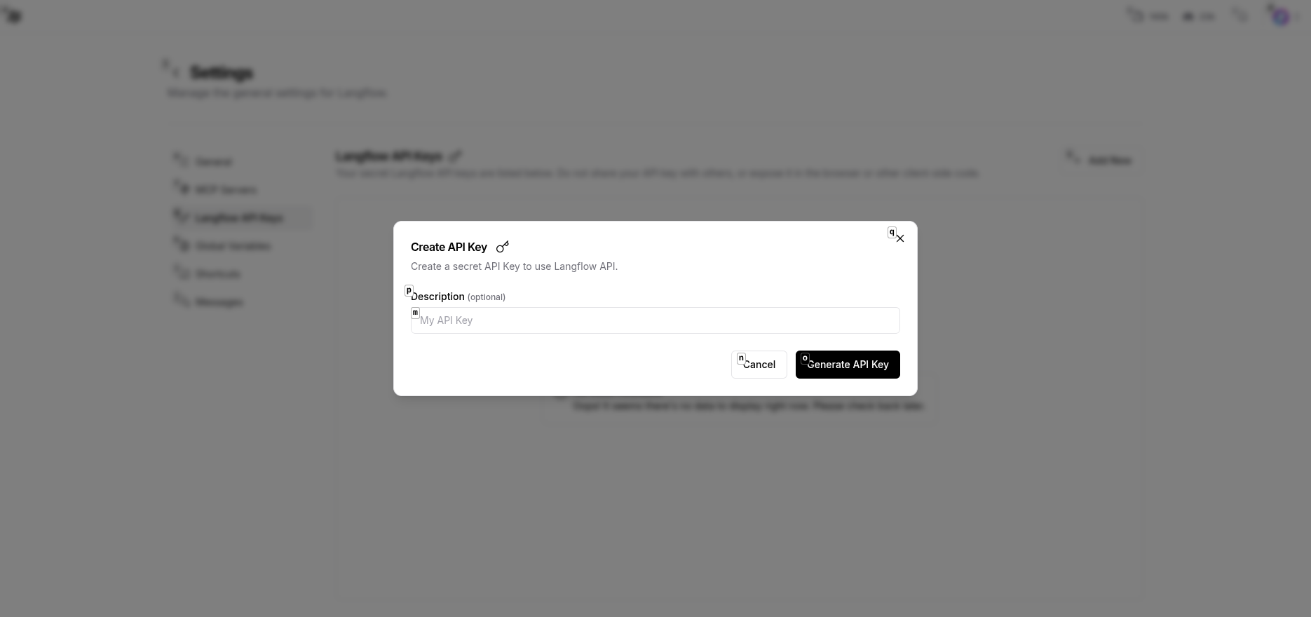 Langflow 创建 API Key 对话框