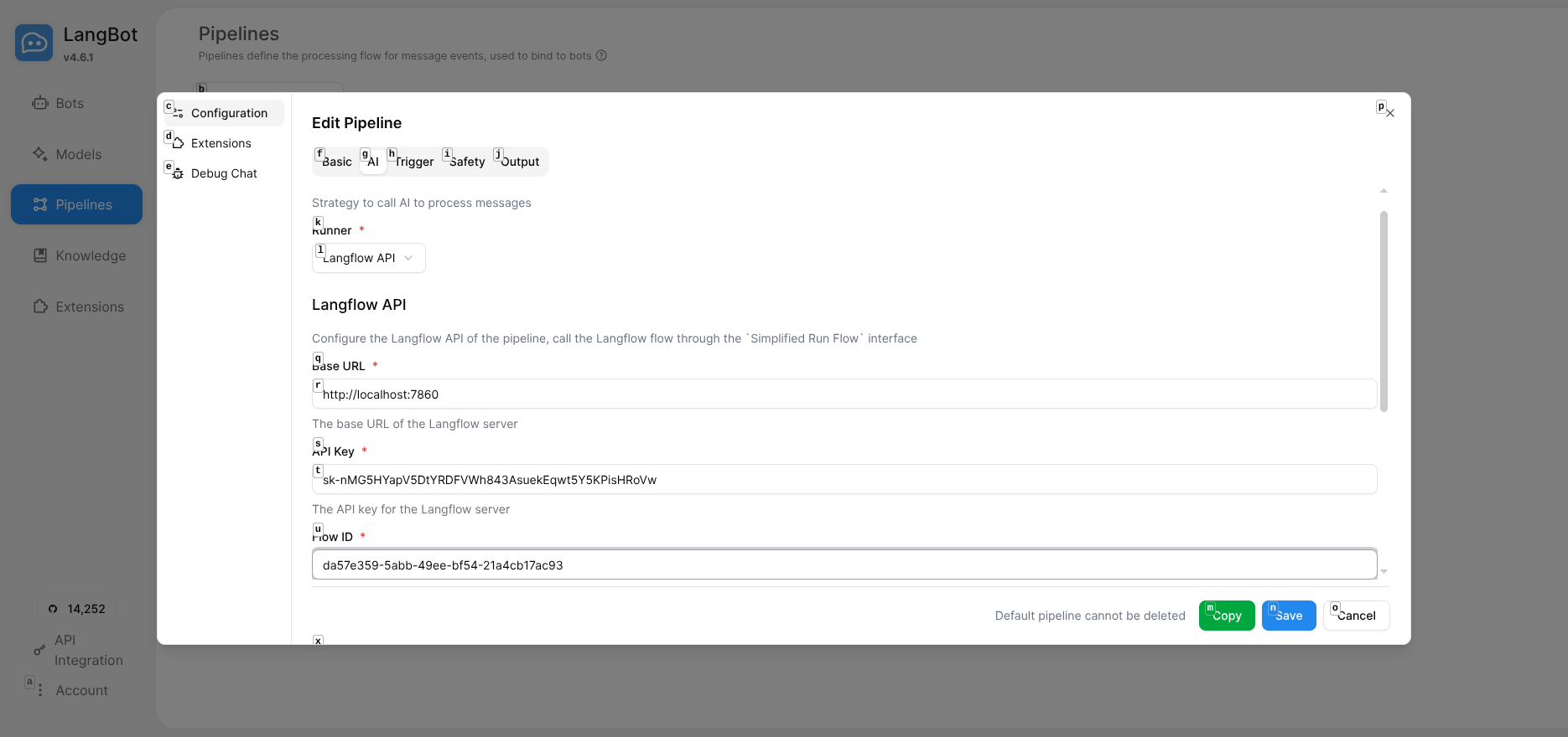 LangBot Langflow 配置已填写
