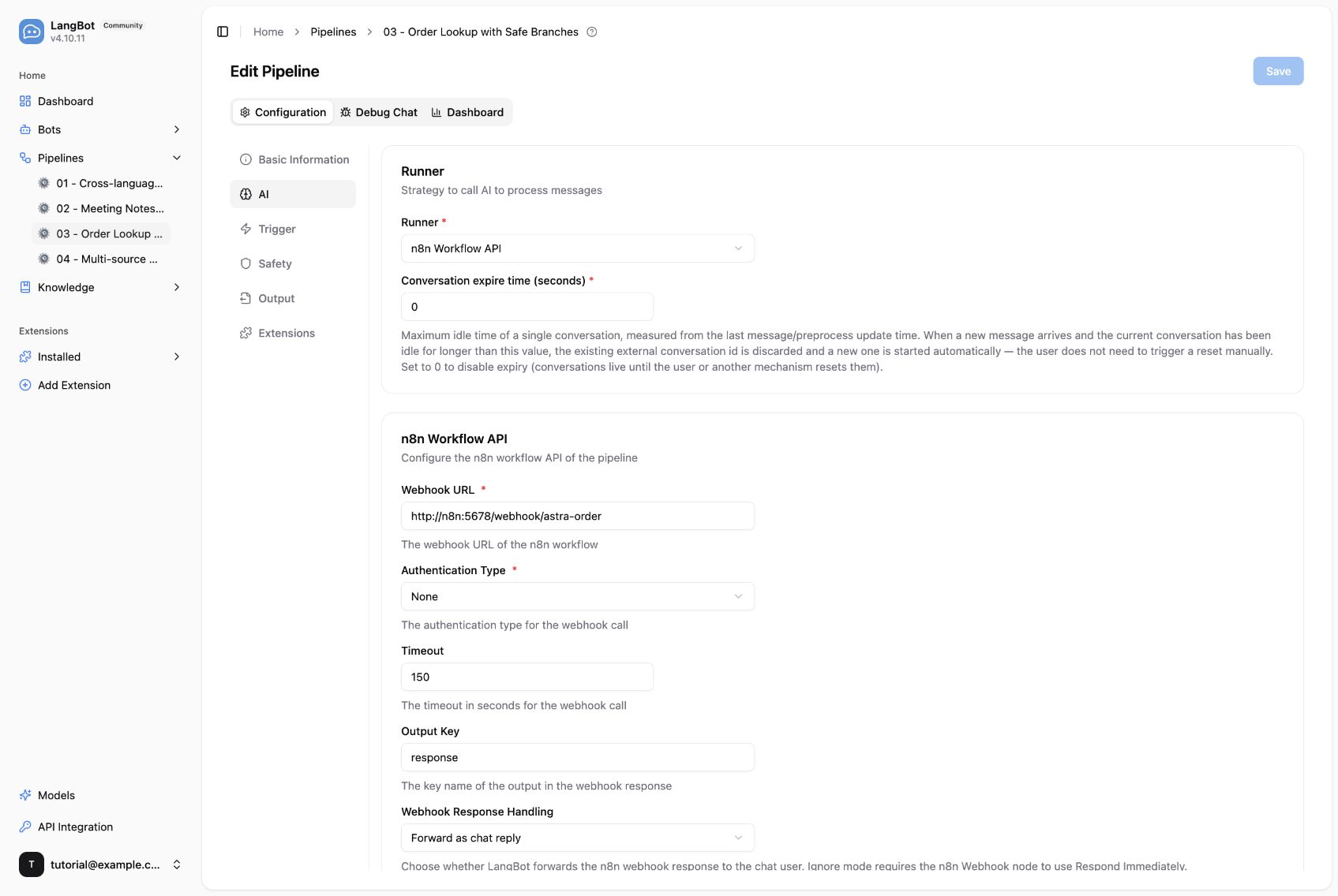 LangBot 中的 n8n Runner 设置;按本案例替换 Webhook 路径