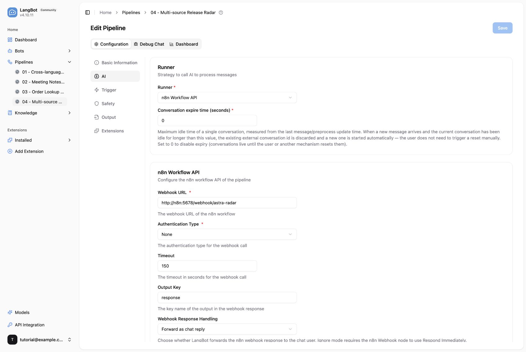 LangBot 中的 n8n Runner 设置;按本案例替换 Webhook 路径